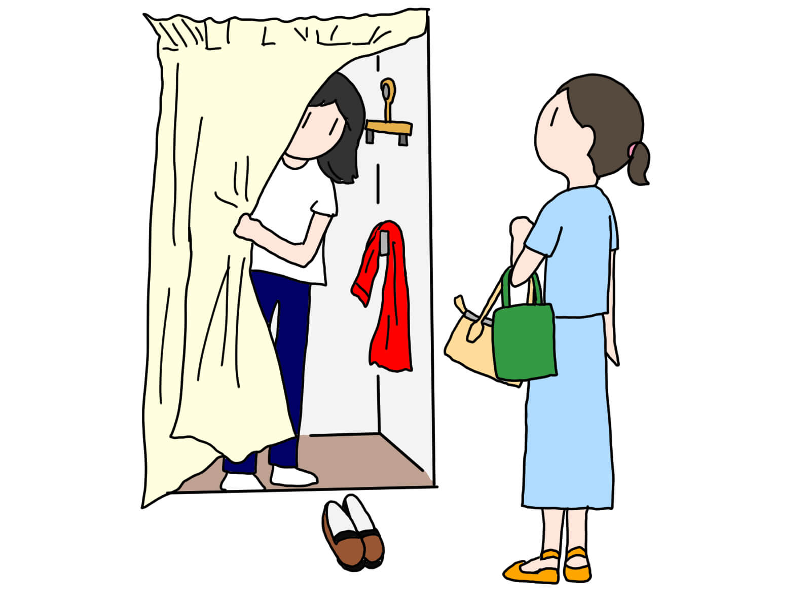 服屋の試着室から顔を覗かせる女性　イメージ画像